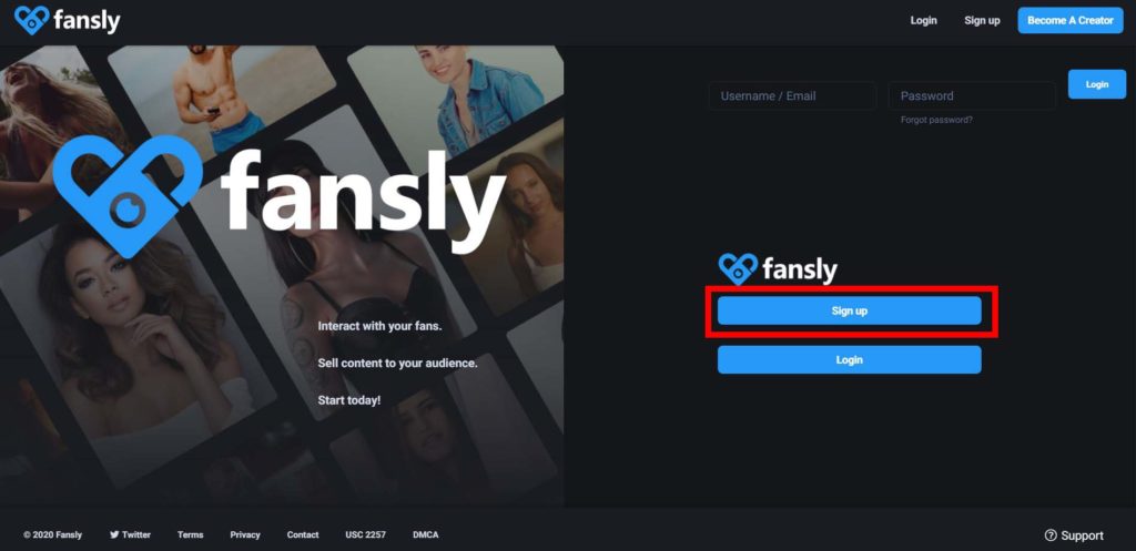 Signup on Fansly homepage
