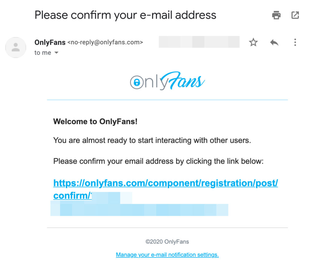 OnlyFans email confirmation message.