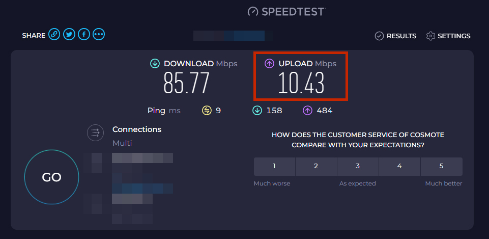 Results from an internet connection SpeedTest showing an upload speed of 10mbps.